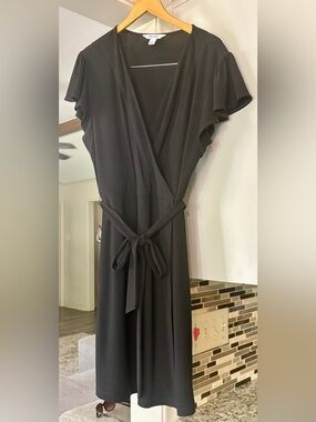 Nine West Black Midi Wrap Dress with Tie Waist